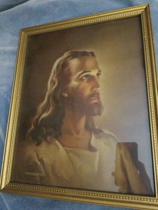 Vtg Antique Wood Framed Jesus Head Of House Picture Religious12x15 " Home Decor