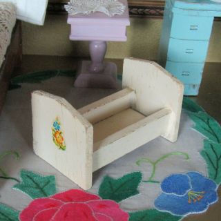 Antique Dollhouse White Cradle Wood Vtg Baby Bed Crib Nursery Furniture Germany