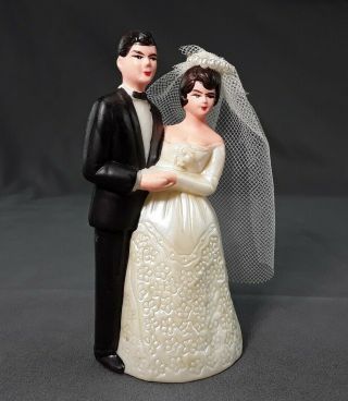 Vintage Bride And Groom Cake Topper Plastic With Long Veil Made In Hong Kong