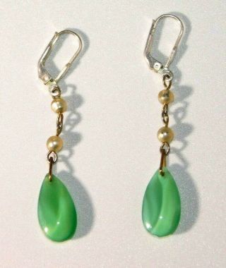 Antique Edwardian Green Peking Glass & Faux Pearl 925 Silver Hook Earrings