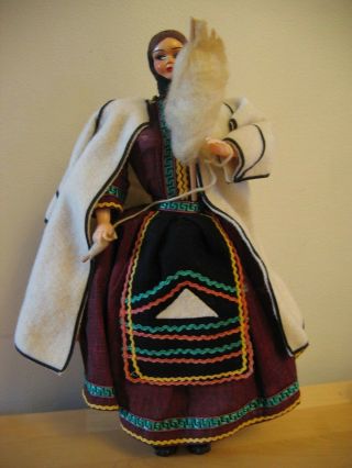 Vintage Large 14 " Tall Greek Woman Doll Braids Hand Spinning Wool Shoes W/pompom