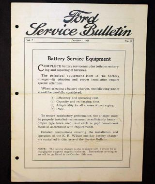 Antique Ford Battery Service Equipment Model T Service Bulletin 1926