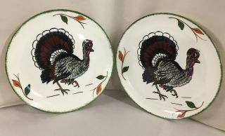 Rare Vintage Hand Painted Blue Ridge Southern Potteries Turkey 2 Dinner Plates