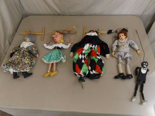 5 Antique Vintage String Marionette Puppet Dolls Wood Cloth Composition Clown,