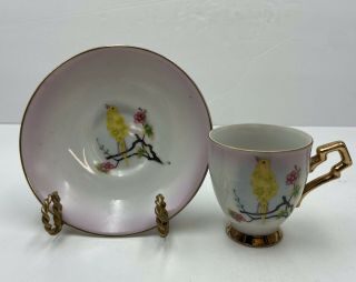 Victorian Hand Painted Miniature Tea Cup & Saucer Yellow Bird Gold Trim Vintage
