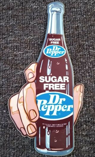 Rare Vintage Dr Pepper " Bottle In Hand " Die Cut Window Sign.  Nos &