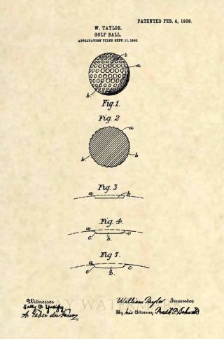 Official 1908 Golf Ball Us Patent Art Print - Vintage Antique Art 186