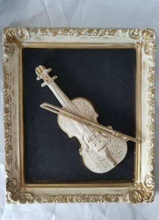 Vtg White Gold Plastic Frame Picture Violin 3d Mcm Rare Home Interiors Wall Deco