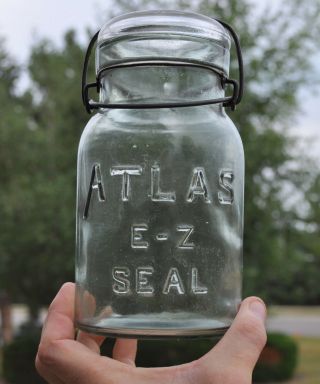 Antique Vintage Atlas E - Z Seal Quart Mason Fruit Jar 2 On Bottom