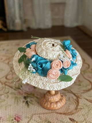Vintage Miniature Dollhouse Artisan Made Victorian Summer Straw Hat Blue Peach
