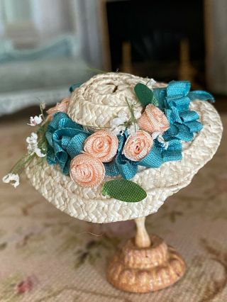 Vintage Miniature Dollhouse Artisan Made Victorian Summer Straw Hat Blue Peach 3