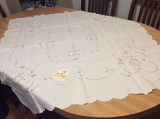 42” X 42” Vintage Table Topper Antique White With Creme Embroidery & Cut Work