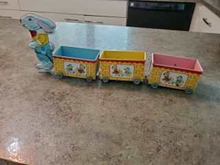 Rare Vintage Tin Litho Toy Easter Bunny Rabbit Pulling Cart Train J Chein Usa