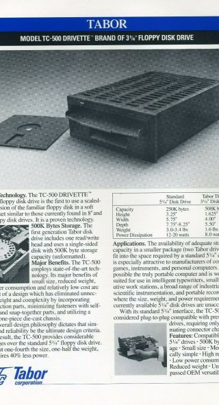 Ithistory (198x) Rare Datasheet: Tabor Tc - 500 Drivette 3 1/4 Inch Floppy Br