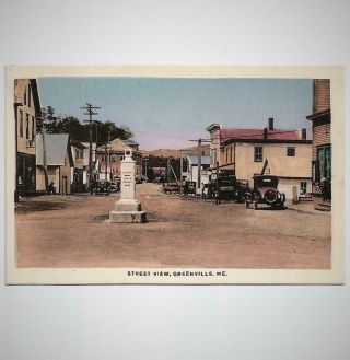 Antique Hand Colored Postcard Street View Of Stores & Cars Greenville Maine