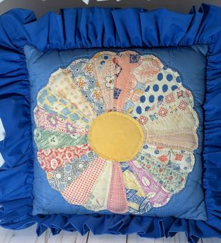Antique Vintage 14x14 Square Quilted Appliqué Pillow Blue Ruffle Handmade