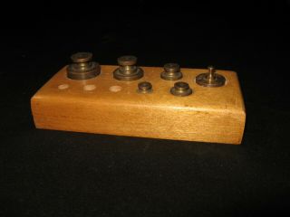 Vintage 6 Pc Brass Scale Weight Set In Wood Block Case