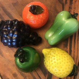 5 Piece Glass Fruit,  Orange,  Grapes,  Lemon,  Pear,  Bell Pepper,  Murano Style