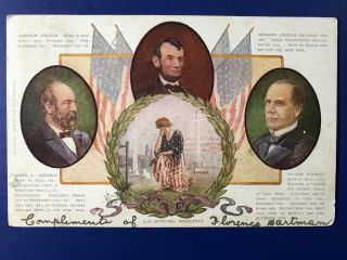 " Our Martyred Presidents " 1906 Antique Postcard.  Lincoln,  Garfield,  Mckinley.