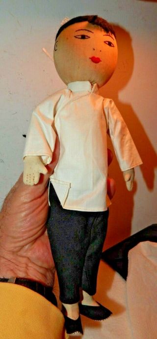 Vintage 1950 ' s Ada Lum Cloth Embroidered Chinese Boy Doll with Pony Tail 3