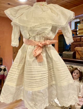 653 Antique Cotton Early Dress With Tucks And Lace For Antique Or Early Doll