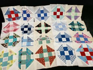 20 Vintage Antique Quilt Blocks Cotton Hand Pieced Churn Dash Pattern 1940s Era