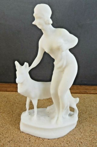 Antique Art Deco White Figurine Nude Bathing Beauty Woman German Shepherd Dog B2