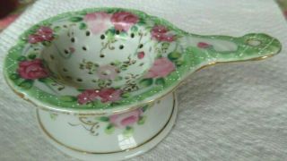 Antique Tea Strainer Porcelain Pink Flowers Gold Trim W/ Saucer Victorian