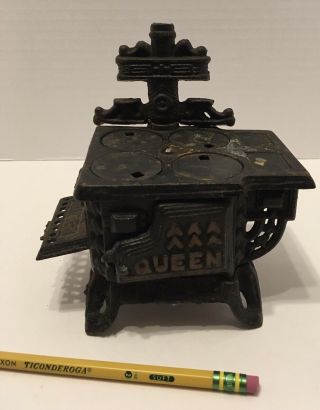 Vintage Miniature 5 " Queen Cast Iron Wood Stove For Dollhouse Antique Toy