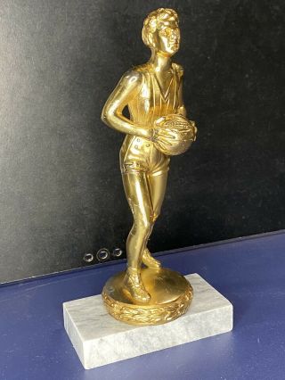 Vtg Antique Woman ' s Old Laced Basketball Trophy Heavy Gold Bronze Marble Sports 2