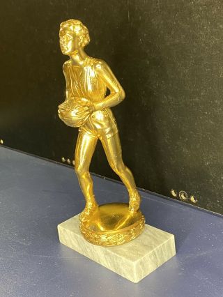 Vtg Antique Woman ' s Old Laced Basketball Trophy Heavy Gold Bronze Marble Sports 3