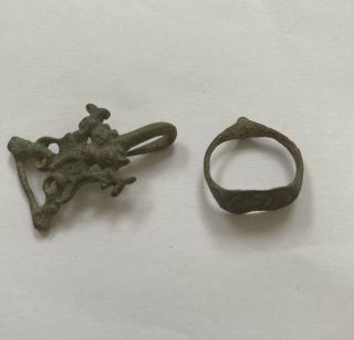 Medieval Bronze Seal Ring And Clothes Hook Fastener