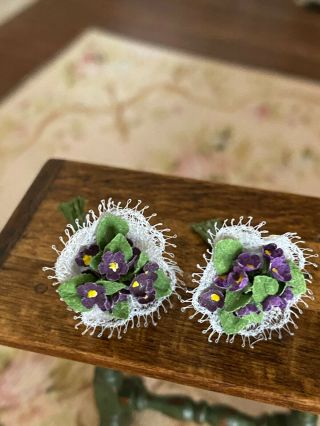 Vintage Miniature Dollhouse Pair Tiny Bouquets Artisan Made Lace Wrapped Violets