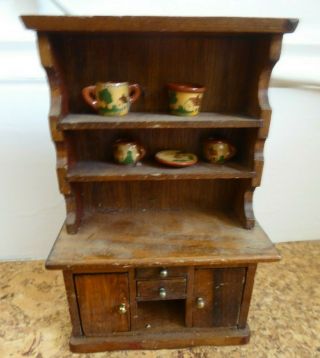 Vintage Dolls House Wood French Style Kitchen Cabinet Display & Signed Pottery