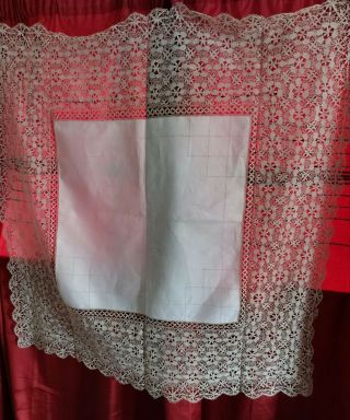 Antique Fine White Cotton Tablecloth With Lace Edge,  3 Ft 5 Ins X 3 Ft 5 Ins