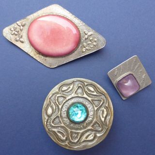 3 Lovely Antique/vintage Arts & Crafts Style Repoussé Pewter Cabochon Brooches