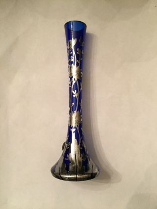 Antique Art Nouveau Sterling Silver Overlay Cobalt Small Trumpet Bud Vase