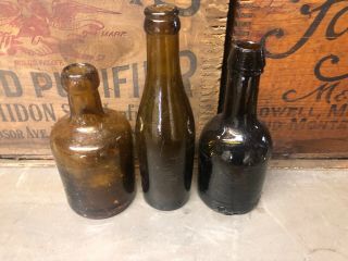 3 Ale Porter Beer Black Glass Iron Pontil Antique Bottles