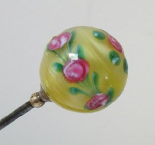 Antique Hatpin Yellow Art Glass Sphere Pink Flowers