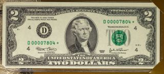 2003 Usa Rare $2 Bill Star Note Very Low Serial Number 00007804 Cleveland (dr)