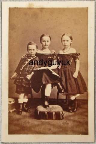 Victorian Albumen Photo Girl Off Shoulder Dress Matching Boy Flute Music Antique
