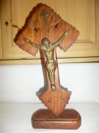 Vintage Old Handmade Wooden Cross With Antique Brass Jesus,  Crucifix,  11 - 7/8 " T