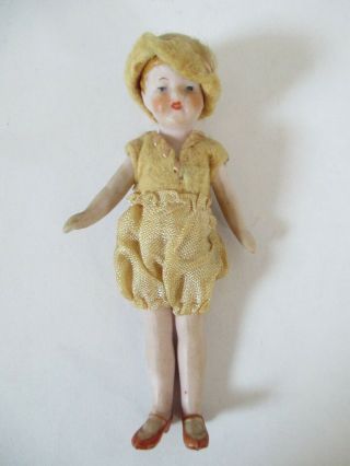 Antique German Bisque Dollhouse Doll Jointed With Dress & Hat 3 1/2 "