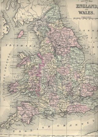 1890 Antique County Map Of England And Wales Colors
