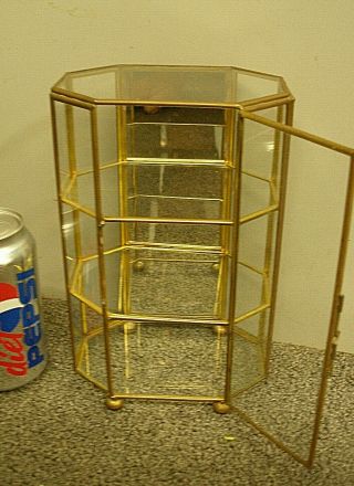 Vintage Footed Glass Brass Mirror Curio Display Cabinet Case Octagon Shape 8.  5 "
