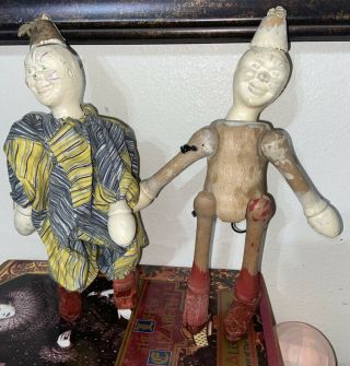 Antique Schoenhut Humpty Dumpty Circus 2 Wood Clown Dolls Backwards Leg