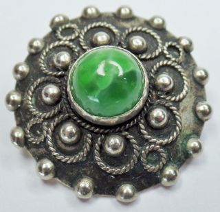 Finely Crafted Antique Beaded Rope Twist Sterling Silver Peking Glass Brooch Pin