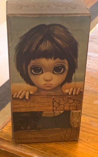 Vintage Keane Big Eyes/eyed Girl & Cat Print On Wood Signed 1962 Playskool
