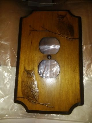 Vintage Wood Duplex Receptacle Owl Embossed Plug Switchplate Cover Carved Bird