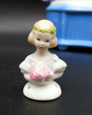 Vintage Porcelain Germany Half Doll Pincushion Miniature Pink Flowers
